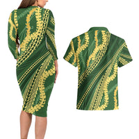 Polynesian Puakeniken Pikake Twisted Lei Couples Matching Long Sleeve Bodycon Dress and Hawaiian Shirt Emerald - Polynesian Pride
