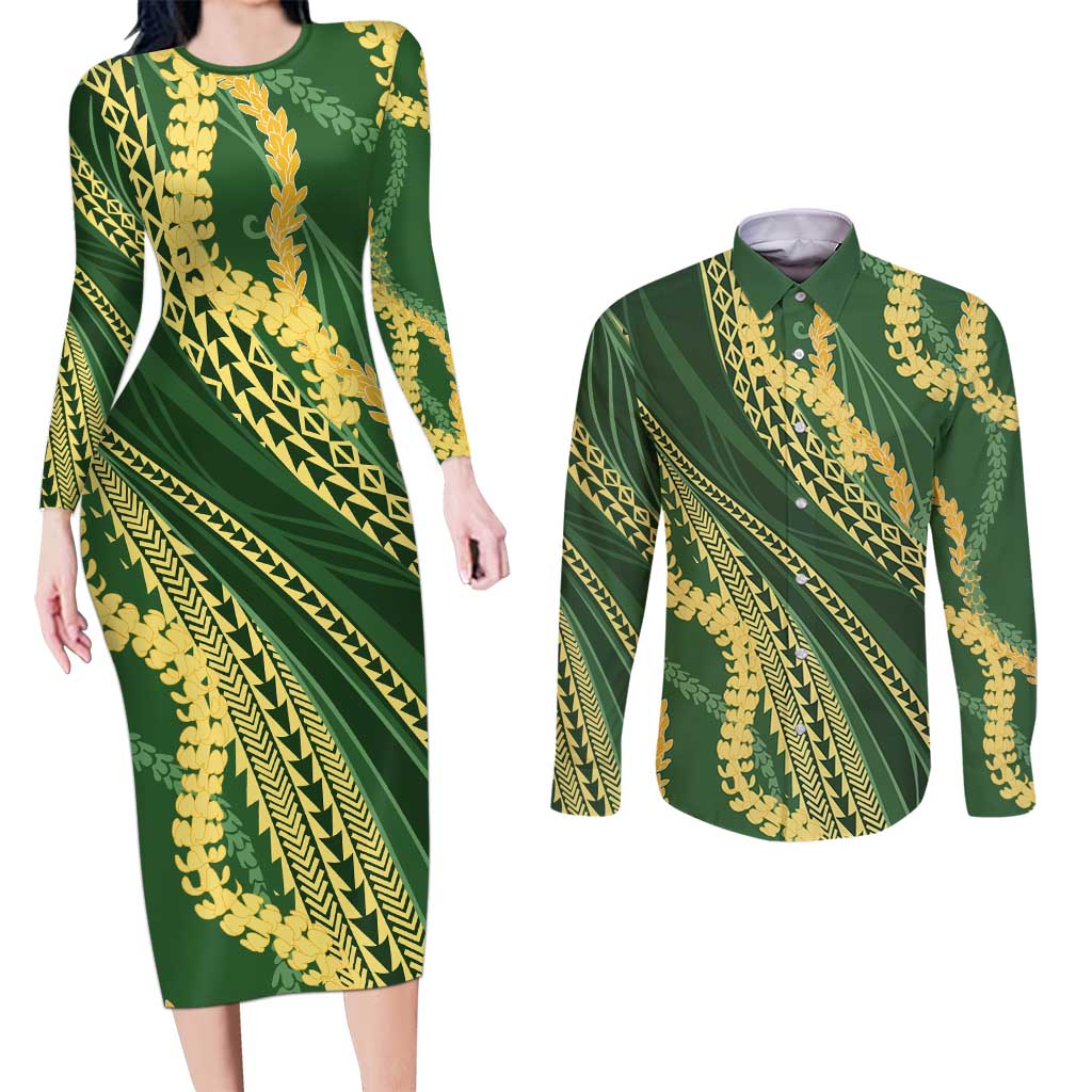 Polynesian Puakeniken Pikake Twisted Lei Couples Matching Long Sleeve Bodycon Dress and Long Sleeve Button Shirt Emerald - Polynesian Pride