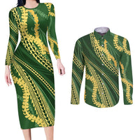 Polynesian Puakeniken Pikake Twisted Lei Couples Matching Long Sleeve Bodycon Dress and Long Sleeve Button Shirt Emerald - Polynesian Pride
