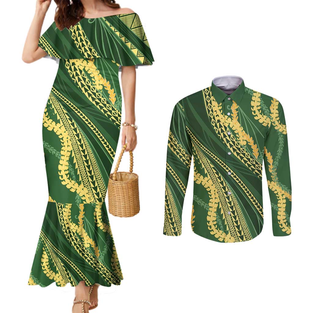Polynesian Puakeniken Pikake Twisted Lei Couples Matching Mermaid Dress and Long Sleeve Button Shirt Emerald - Polynesian Pride