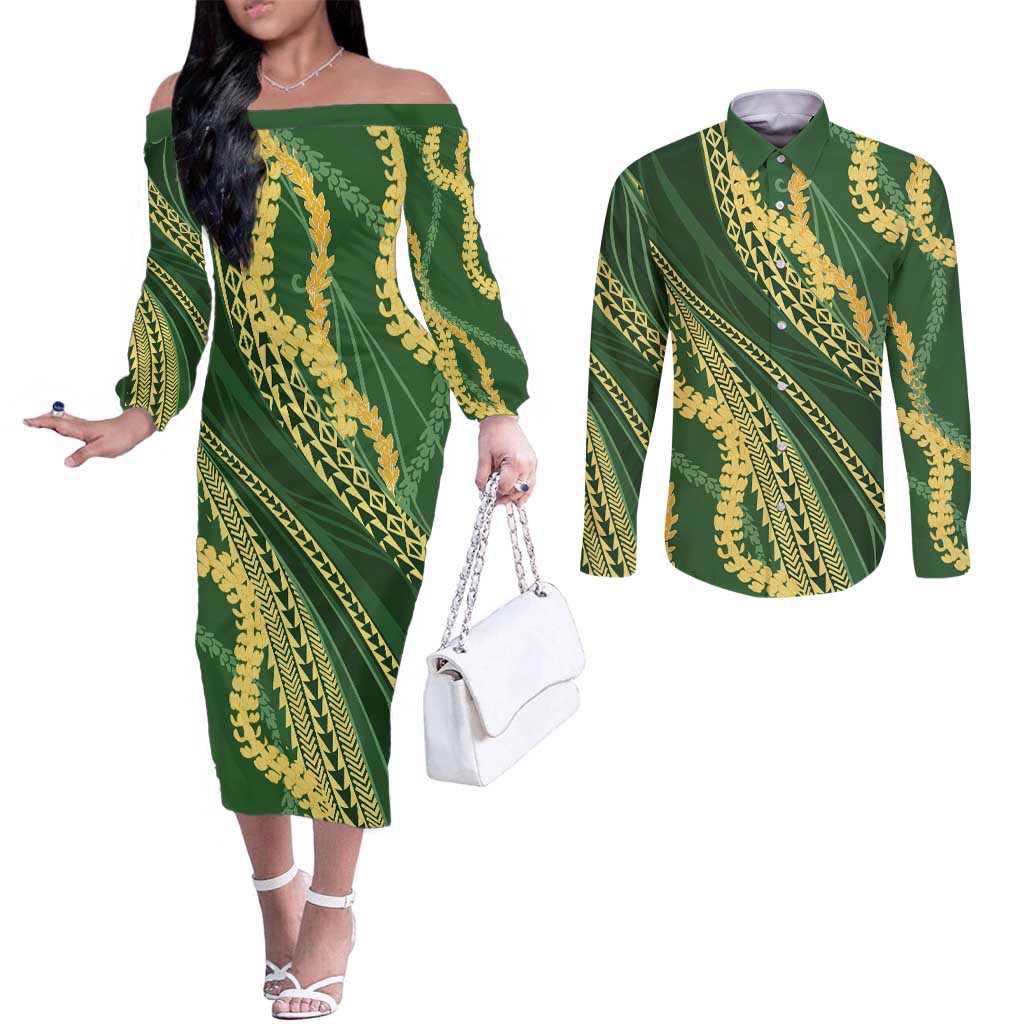 Polynesian Puakeniken Pikake Twisted Lei Couples Matching Off The Shoulder Long Sleeve Dress and Long Sleeve Button Shirt Emerald - Polynesian Pride