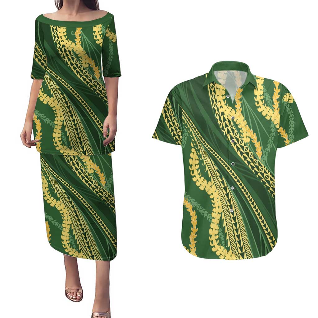 Polynesian Puakeniken Pikake Twisted Lei Couples Matching Puletasi and Hawaiian Shirt Emerald - Polynesian Pride