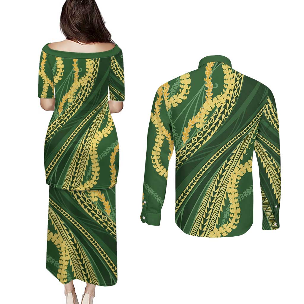 Polynesian Puakeniken Pikake Twisted Lei Couples Matching Puletasi and Long Sleeve Button Shirt Emerald - Polynesian Pride