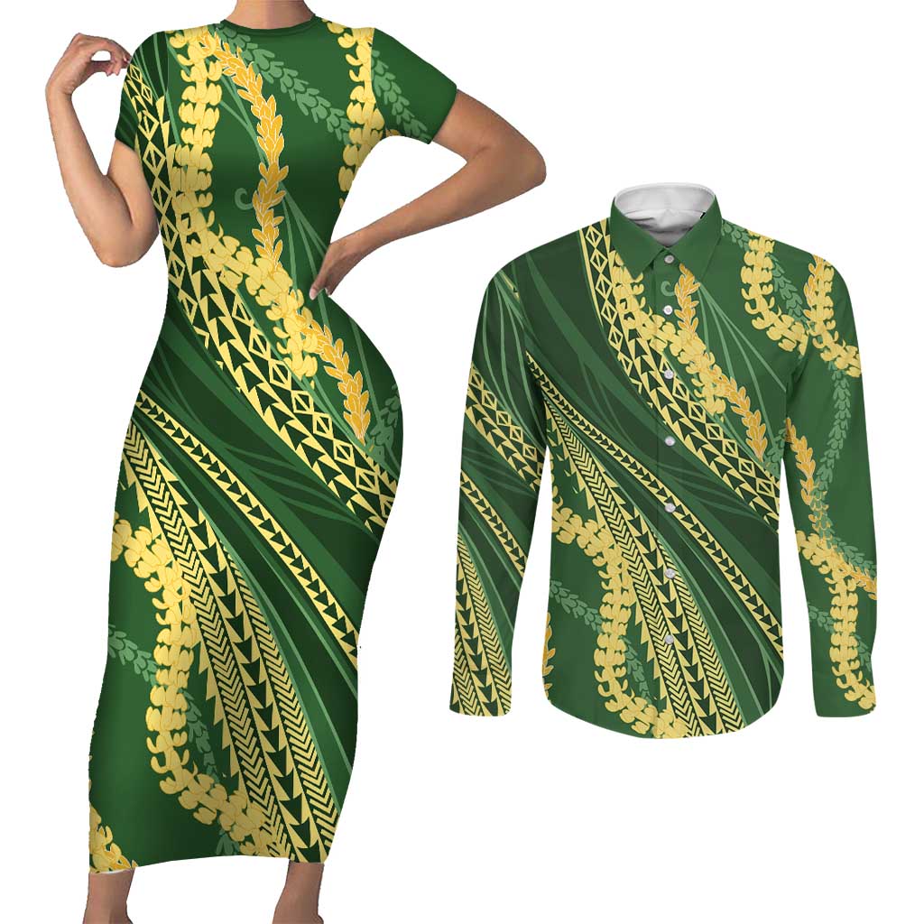 Polynesian Puakeniken Pikake Twisted Lei Couples Matching Short Sleeve Bodycon Dress and Long Sleeve Button Shirt Emerald - Polynesian Pride