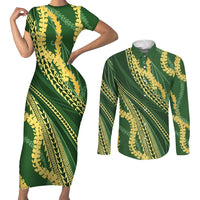 Polynesian Puakeniken Pikake Twisted Lei Couples Matching Short Sleeve Bodycon Dress and Long Sleeve Button Shirt Emerald - Polynesian Pride