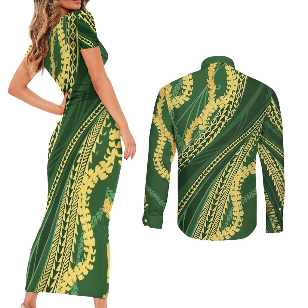 Polynesian Puakeniken Pikake Twisted Lei Couples Matching Short Sleeve Bodycon Dress and Long Sleeve Button Shirt Emerald - Polynesian Pride