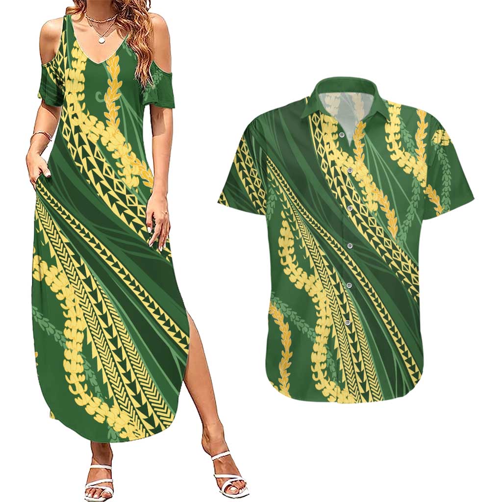 Polynesian Puakeniken Pikake Twisted Lei Couples Matching Summer Maxi Dress and Hawaiian Shirt Emerald LT7 Emerald - Polynesian Pride
