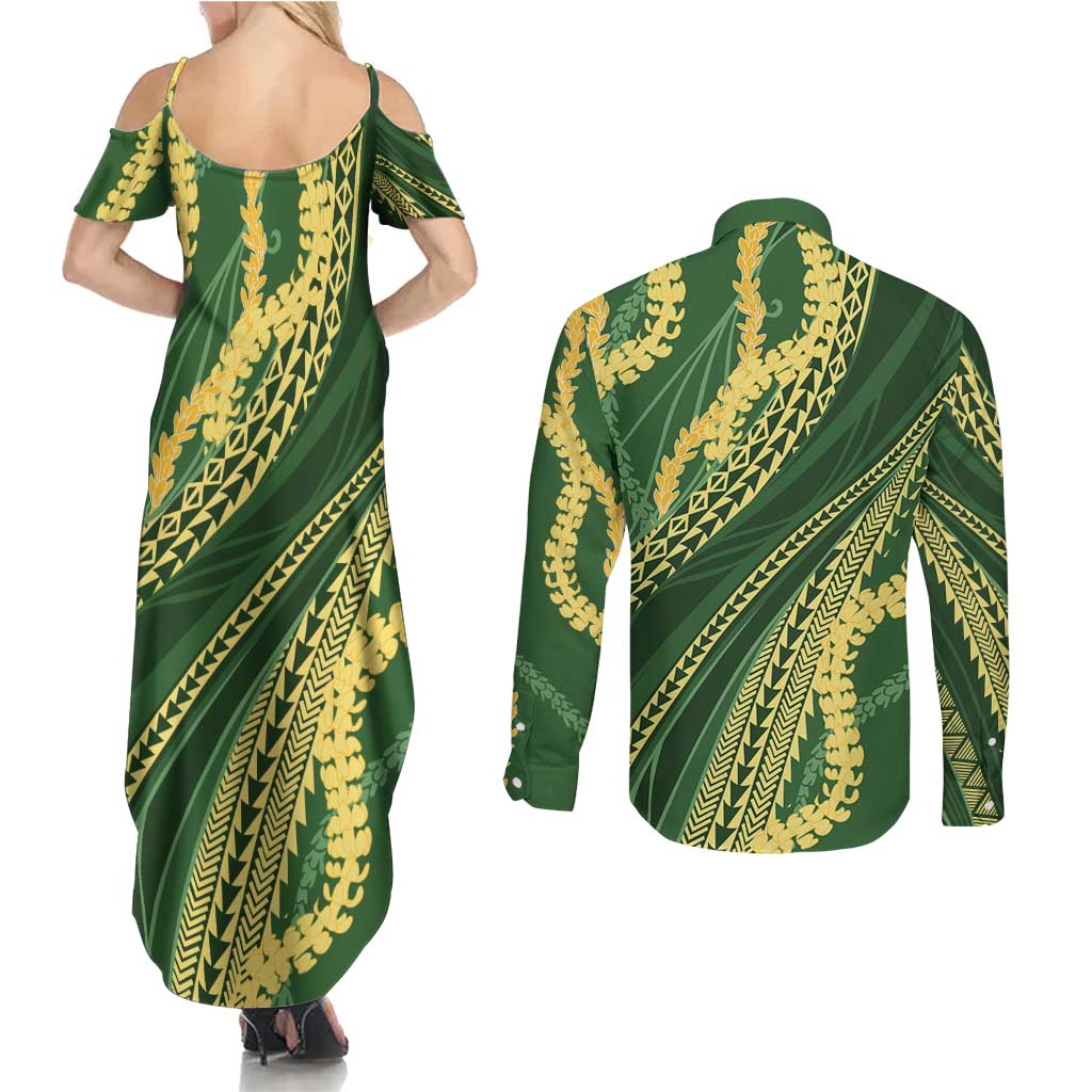 Polynesian Puakeniken Pikake Twisted Lei Couples Matching Summer Maxi Dress and Long Sleeve Button Shirt Emerald - Polynesian Pride