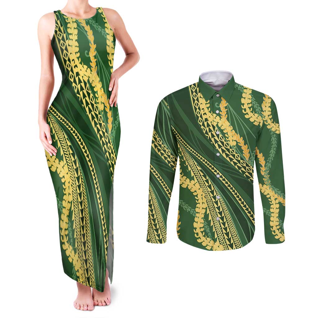 Polynesian Puakeniken Pikake Twisted Lei Couples Matching Tank Maxi Dress and Long Sleeve Button Shirt Emerald - Polynesian Pride