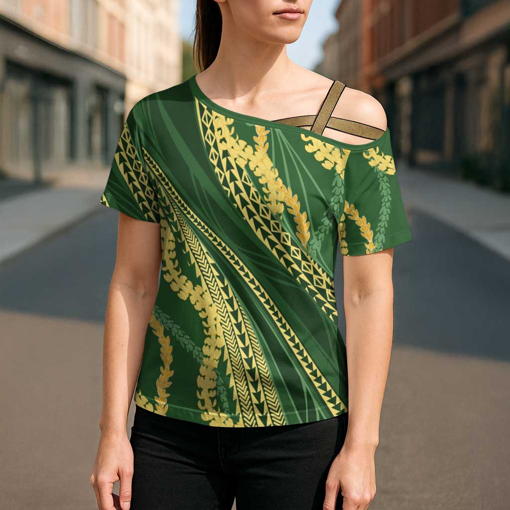 Polynesian Puakeniken Pikake Twisted Lei Cross Shoulder Shirt Emerald - Polynesian Pride