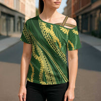 Polynesian Puakeniken Pikake Twisted Lei Cross Shoulder Shirt Emerald - Polynesian Pride
