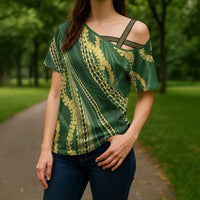 Polynesian Puakeniken Pikake Twisted Lei Cross Shoulder Shirt Emerald - Polynesian Pride