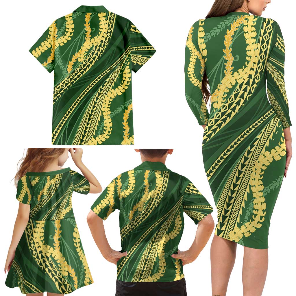 Polynesian Puakeniken Pikake Twisted Lei Family Matching Long Sleeve Bodycon Dress and Hawaiian Shirt Emerald LT7 - Polynesian Pride