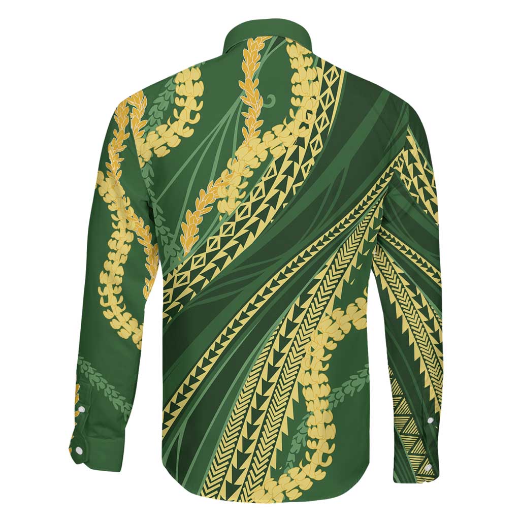 Polynesian Puakeniken Pikake Twisted Lei Family Matching Long Sleeve Bodycon Dress and Hawaiian Shirt Emerald LT7 - Polynesian Pride