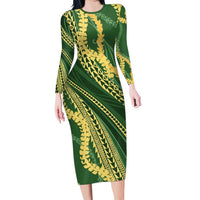 Polynesian Puakeniken Pikake Twisted Lei Family Matching Long Sleeve Bodycon Dress and Hawaiian Shirt Emerald LT7 Mom's Dress Emerald - Polynesian Pride