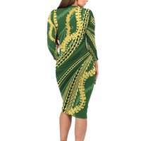 Polynesian Puakeniken Pikake Twisted Lei Family Matching Long Sleeve Bodycon Dress and Hawaiian Shirt Emerald LT7 - Polynesian Pride