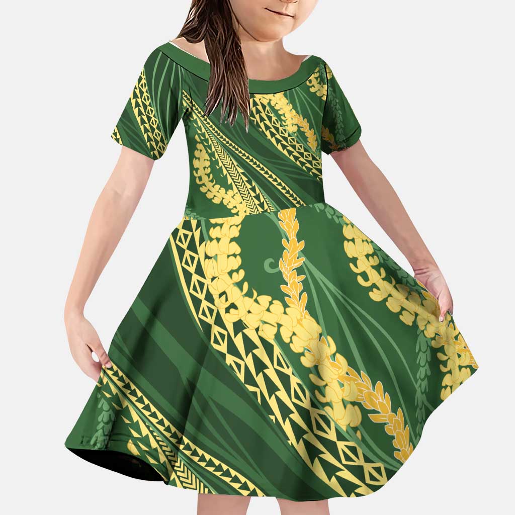 Polynesian Puakeniken Pikake Twisted Lei Family Matching Mermaid Dress and Hawaiian Shirt Emerald LT7 Daughter's Dress Emerald - Polynesian Pride