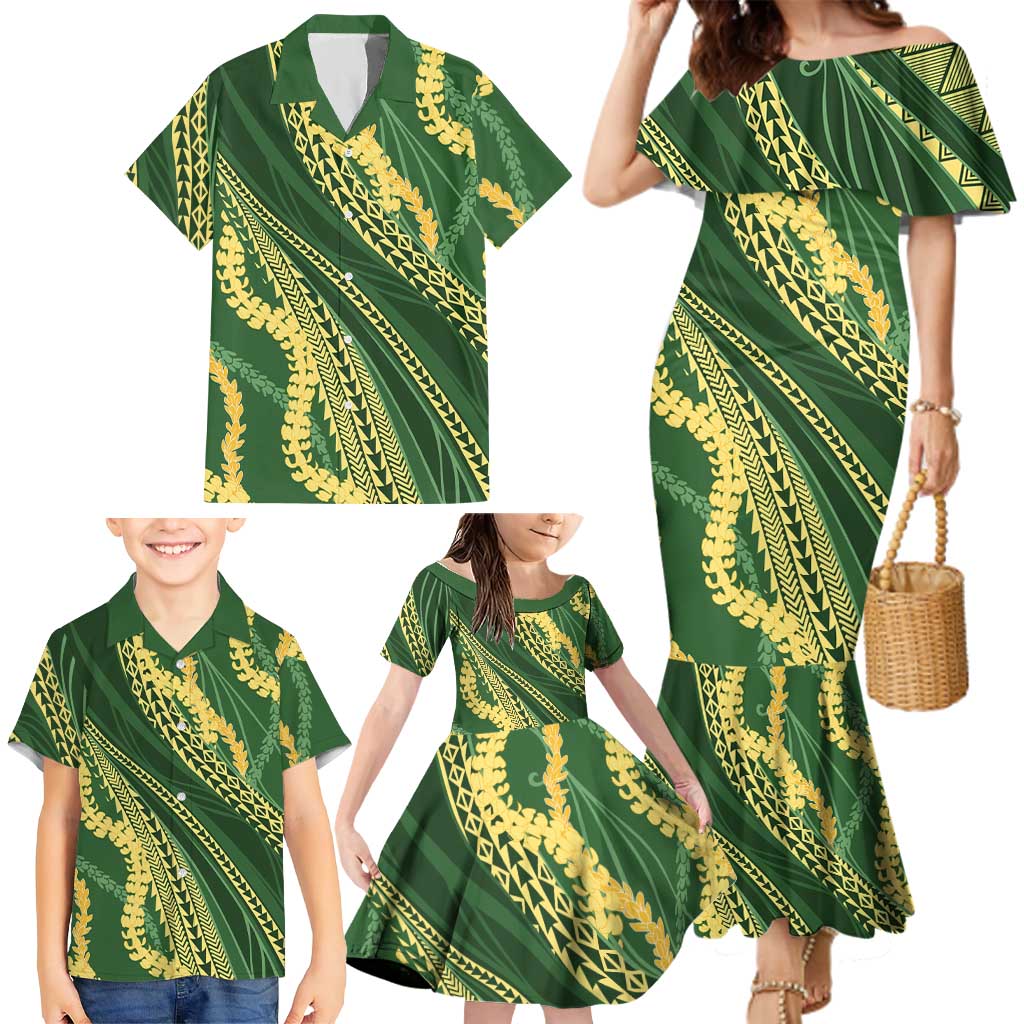 Polynesian Puakeniken Pikake Twisted Lei Family Matching Mermaid Dress and Hawaiian Shirt Emerald LT7 - Polynesian Pride