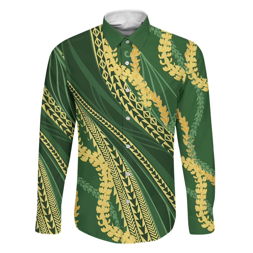 Polynesian Puakeniken Pikake Twisted Lei Family Matching Mermaid Dress and Hawaiian Shirt Emerald LT7 Dad's Shirt - Long Sleeve Emerald - Polynesian Pride