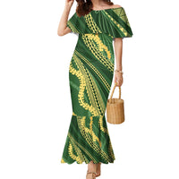 Polynesian Puakeniken Pikake Twisted Lei Family Matching Mermaid Dress and Hawaiian Shirt Emerald LT7 Mom's Dress Emerald - Polynesian Pride