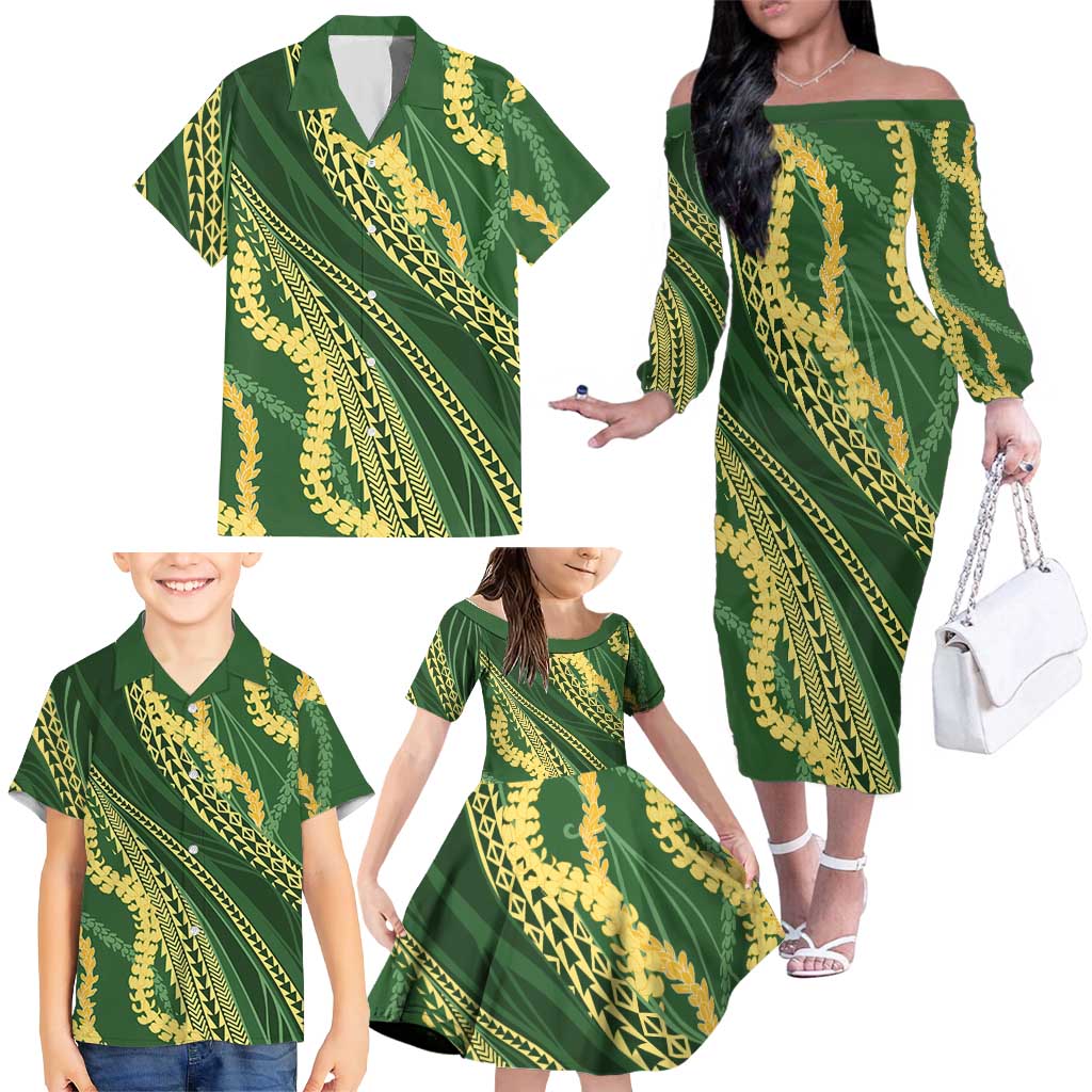 Polynesian Puakeniken Pikake Twisted Lei Family Matching Off The Shoulder Long Sleeve Dress and Hawaiian Shirt Emerald LT7 - Polynesian Pride
