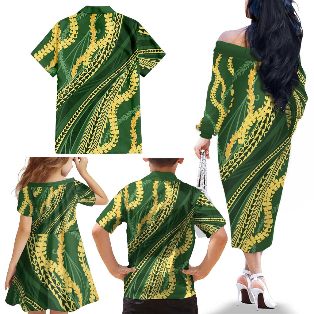 Polynesian Puakeniken Pikake Twisted Lei Family Matching Off The Shoulder Long Sleeve Dress and Hawaiian Shirt Emerald LT7 - Polynesian Pride