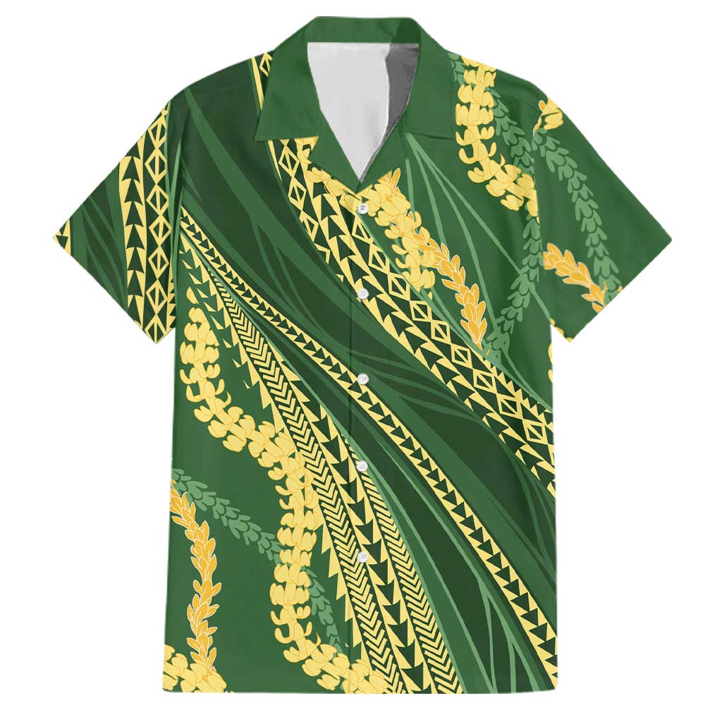 Polynesian Puakeniken Pikake Twisted Lei Family Matching Off The Shoulder Long Sleeve Dress and Hawaiian Shirt Emerald LT7 Dad's Shirt - Short Sleeve Emerald - Polynesian Pride