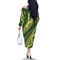 Polynesian Puakeniken Pikake Twisted Lei Family Matching Off The Shoulder Long Sleeve Dress and Hawaiian Shirt Emerald LT7 - Polynesian Pride