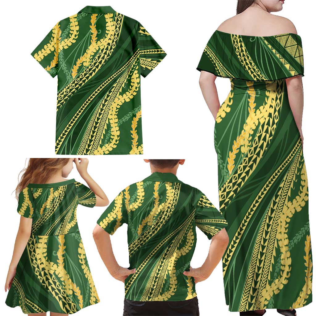 Polynesian Puakeniken Pikake Twisted Lei Family Matching Off Shoulder Maxi Dress and Hawaiian Shirt Emerald - Polynesian Pride