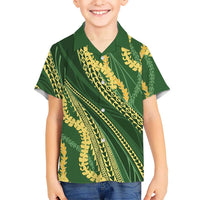 Polynesian Puakeniken Pikake Twisted Lei Family Matching Off Shoulder Maxi Dress and Hawaiian Shirt Emerald - Polynesian Pride