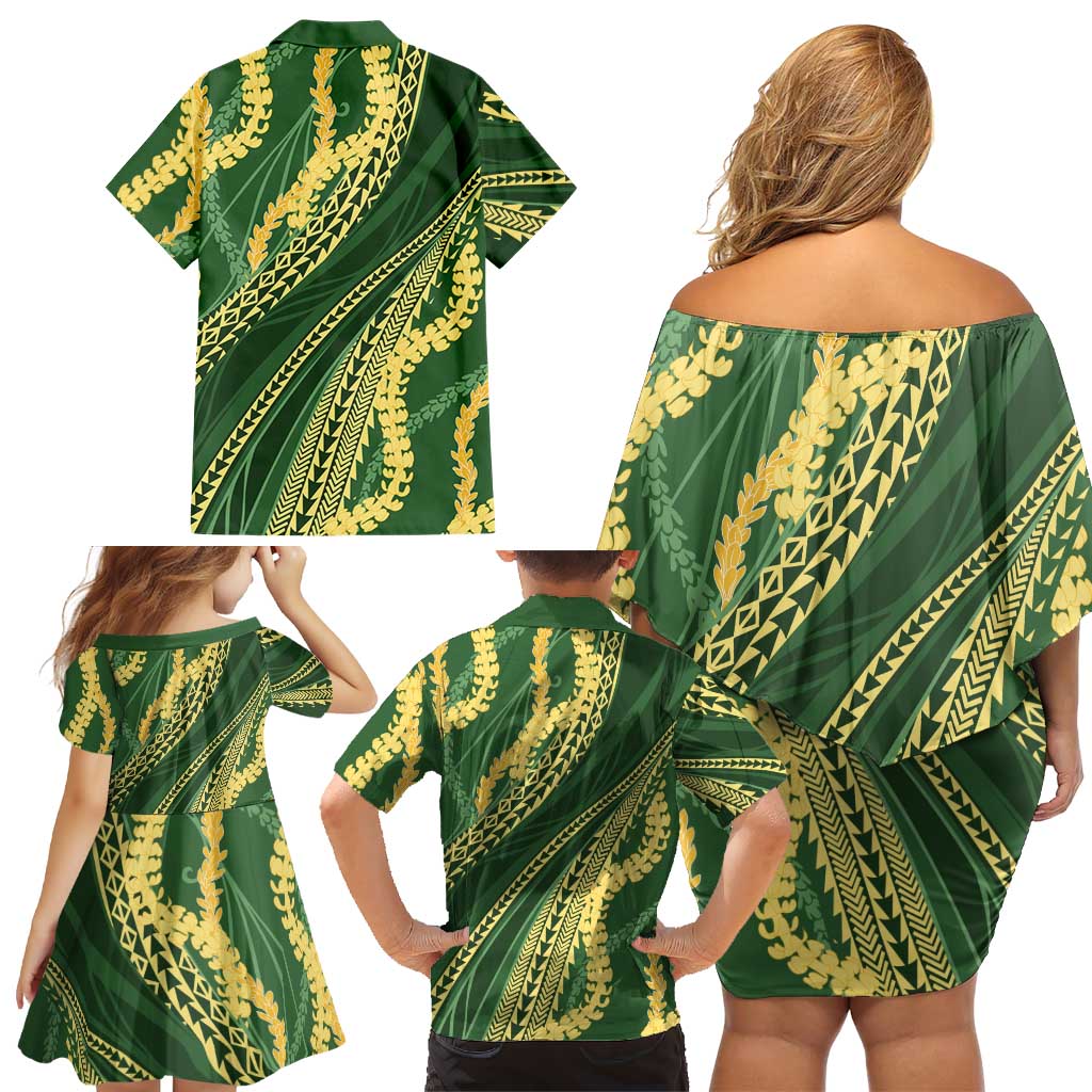 Polynesian Puakeniken Pikake Twisted Lei Family Matching Off Shoulder Short Dress and Hawaiian Shirt Emerald - Polynesian Pride