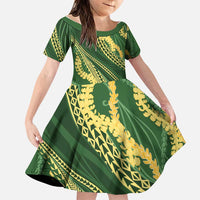 Polynesian Puakeniken Pikake Twisted Lei Family Matching Short Sleeve Bodycon Dress and Hawaiian Shirt Emerald LT7 Daughter's Dress Emerald - Polynesian Pride