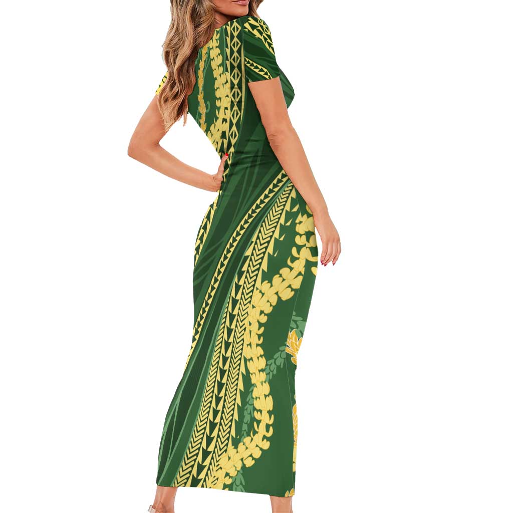 Polynesian Puakeniken Pikake Twisted Lei Family Matching Short Sleeve Bodycon Dress and Hawaiian Shirt Emerald LT7 - Polynesian Pride