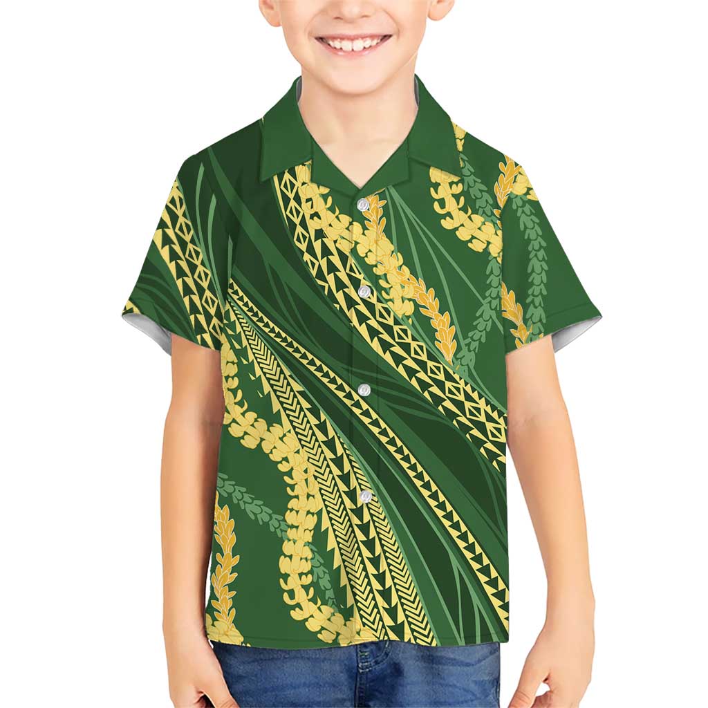 Polynesian Puakeniken Pikake Twisted Lei Family Matching Short Sleeve Bodycon Dress and Hawaiian Shirt Emerald LT7 Son's Shirt Emerald - Polynesian Pride