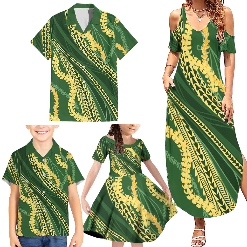 Polynesian Puakeniken Pikake Twisted Lei Family Matching Summer Maxi Dress and Hawaiian Shirt Emerald - Polynesian Pride