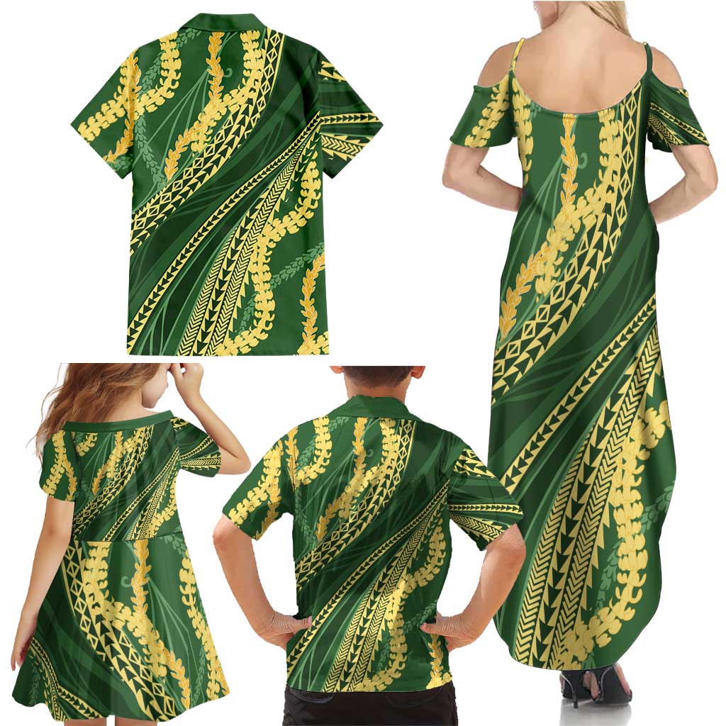Polynesian Puakeniken Pikake Twisted Lei Family Matching Summer Maxi Dress and Hawaiian Shirt Emerald - Polynesian Pride