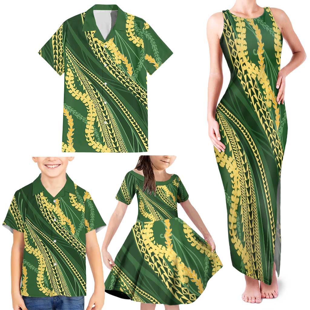 Polynesian Puakeniken Pikake Twisted Lei Family Matching Tank Maxi Dress and Hawaiian Shirt Emerald LT7 - Polynesian Pride