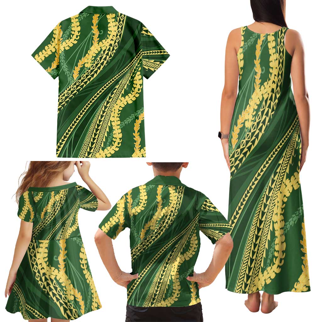Polynesian Puakeniken Pikake Twisted Lei Family Matching Tank Maxi Dress and Hawaiian Shirt Emerald LT7 - Polynesian Pride