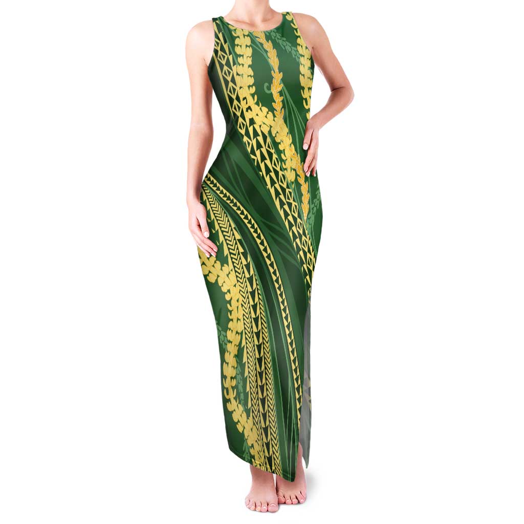 Polynesian Puakeniken Pikake Twisted Lei Family Matching Tank Maxi Dress and Hawaiian Shirt Emerald LT7 Mom's Dress Emerald - Polynesian Pride
