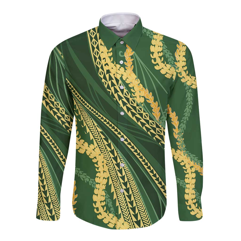 Polynesian Puakeniken Pikake Twisted Lei Long Sleeve Button Shirt Emerald - Polynesian Pride