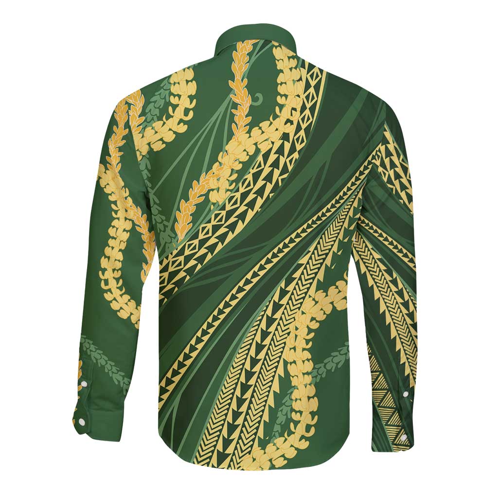 Polynesian Puakeniken Pikake Twisted Lei Long Sleeve Button Shirt Emerald - Polynesian Pride