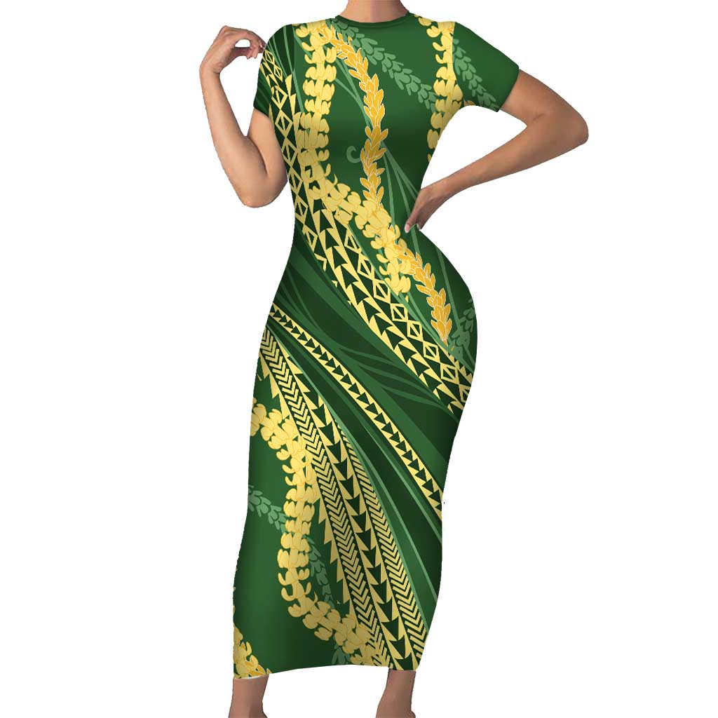 Polynesian Puakeniken Pikake Twisted Lei Short Sleeve Bodycon Dress Emerald - Polynesian Pride