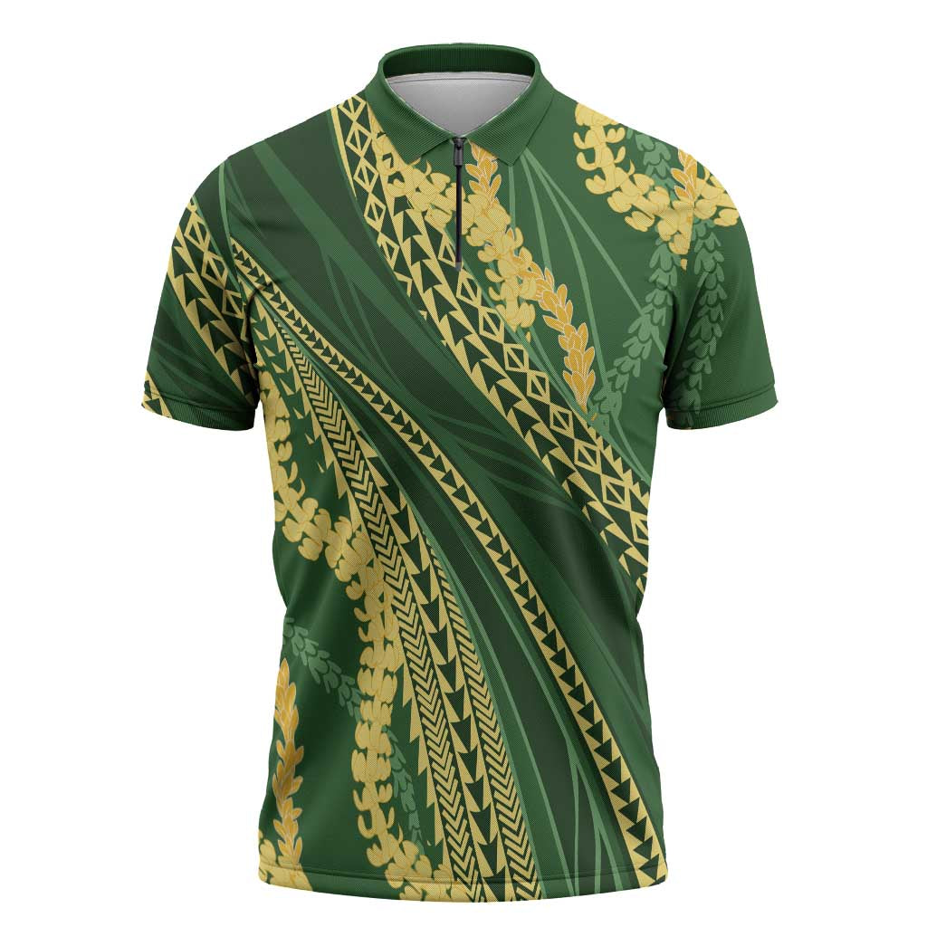 Polynesian Puakeniken Pikake Twisted Lei Zipper Polo Shirt Emerald - Polynesian Pride