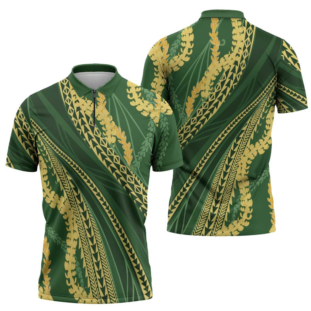 Polynesian Puakeniken Pikake Twisted Lei Zipper Polo Shirt Emerald - Polynesian Pride