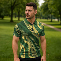 Polynesian Puakeniken Pikake Twisted Lei Zipper Polo Shirt Emerald - Polynesian Pride