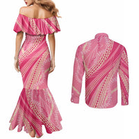 Polynesian Puakeniken Pikake Twisted Lei Couples Matching Mermaid Dress and Long Sleeve Button Shirt Rose Pink - Polynesian Pride