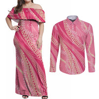 Polynesian Puakeniken Pikake Twisted Lei Couples Matching Off Shoulder Maxi Dress and Long Sleeve Button Shirt Rose Pink - Polynesian Pride