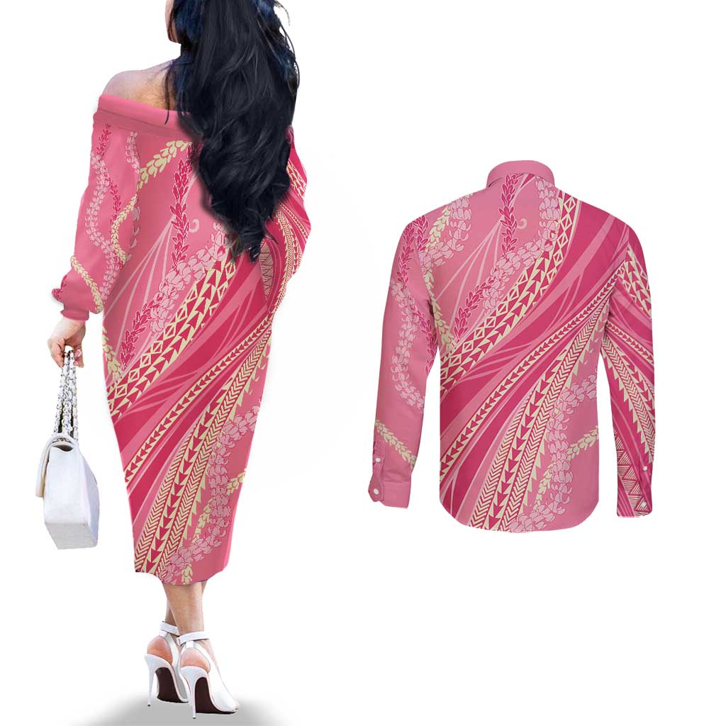 Polynesian Puakeniken Pikake Twisted Lei Couples Matching Off The Shoulder Long Sleeve Dress and Long Sleeve Button Shirt Rose Pink LT7 - Polynesian Pride