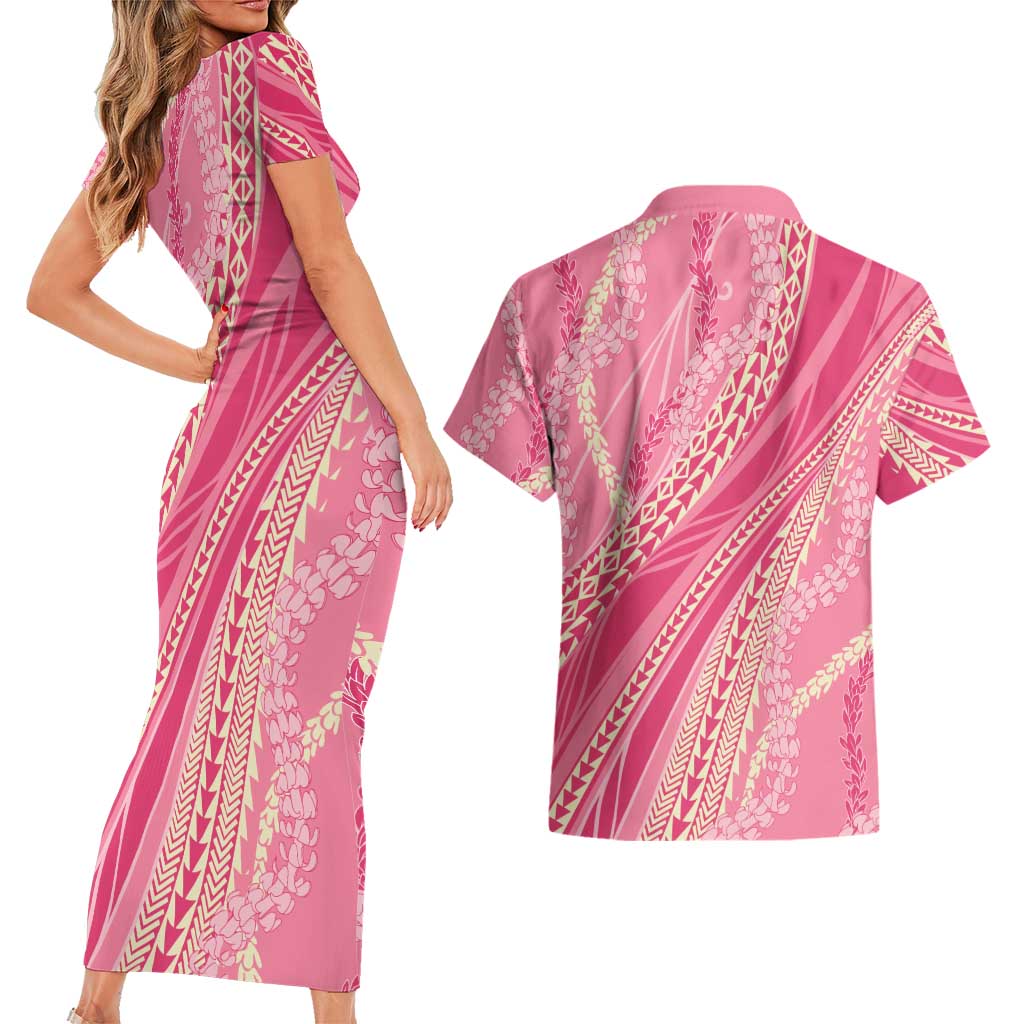 Polynesian Puakeniken Pikake Twisted Lei Couples Matching Short Sleeve Bodycon Dress and Hawaiian Shirt Rose Pink - Polynesian Pride