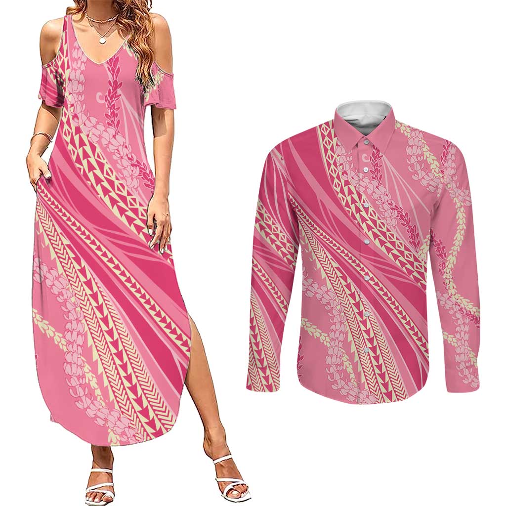Polynesian Puakeniken Pikake Twisted Lei Couples Matching Summer Maxi Dress and Long Sleeve Button Shirt Rose Pink - Polynesian Pride